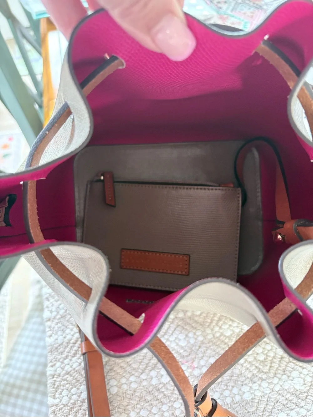Dooney & Bourke Gray Bucket Bag with Tan Trim and Tassel